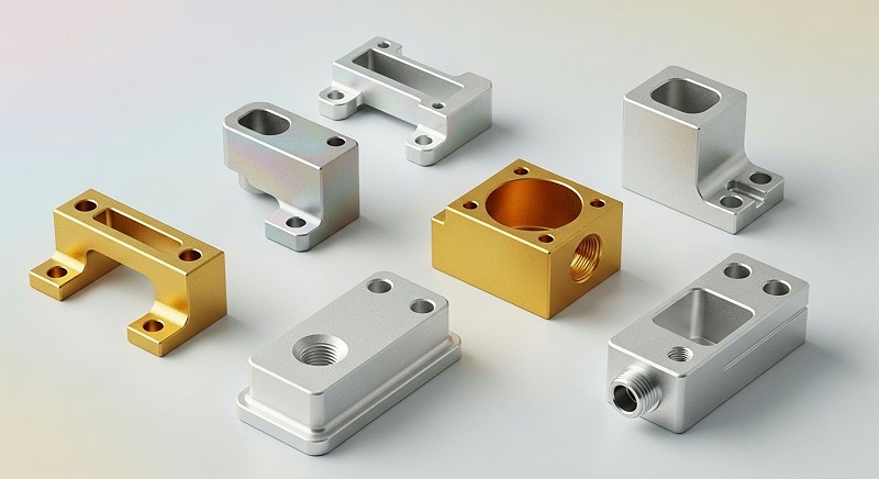 A visually appealing product collection featuring a range of CNC machined aluminum components that have undergone various chemical conversion coat