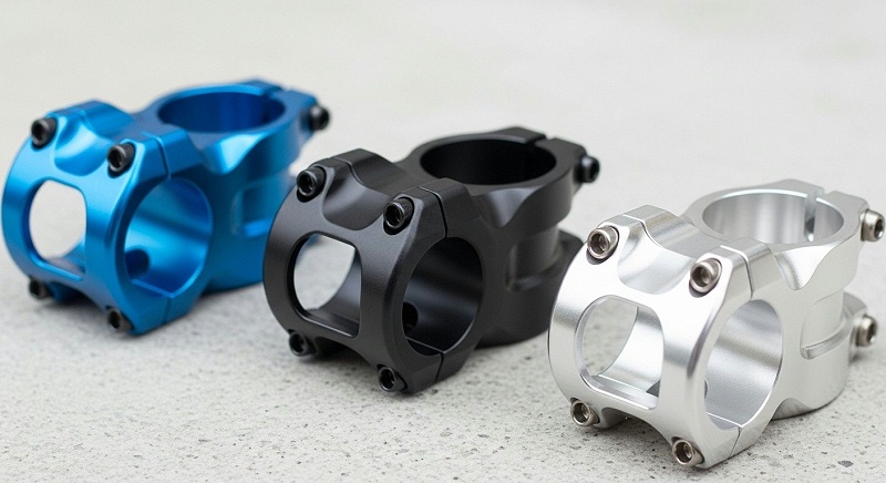Three identical CNC machined bicycle stems, showcasing vibrant blue anodized, matte black hard anodized, and polished natural aluminum finishes, e Three identical CNC machined bicycle stems, showcasing vibrant blue anodized, matte black hard anodized, and polished natural aluminum finishes, e