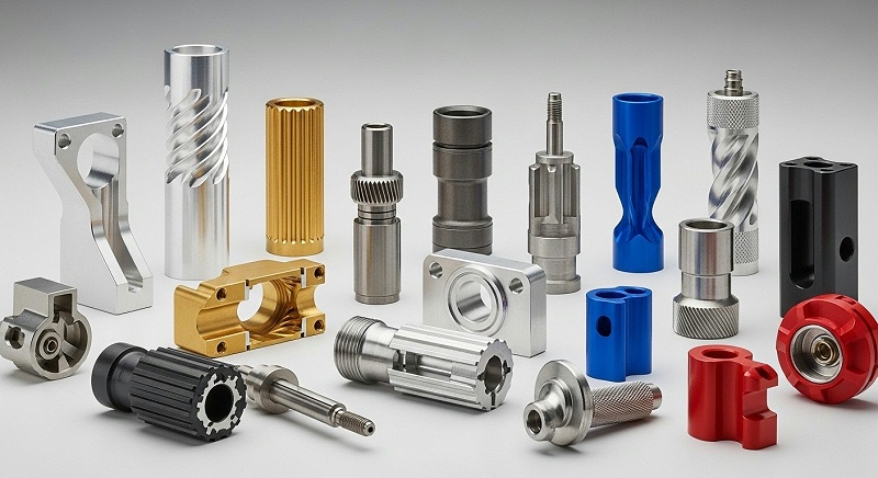 Collection of precision CNC machined parts in diverse materials like aluminum, brass, stainless steel, and plastic, showcasing complex forms, intr