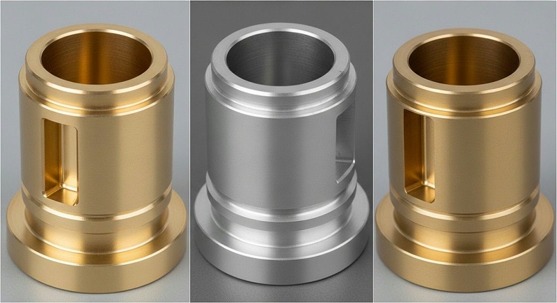 A detailed collage of high-precision CNC machined brass parts, each meticulously crafted and displaying a distinct surface treatment. Featured fin A detailed collage of high-precision CNC machined brass parts, each meticulously crafted and displaying a distinct surface treatment. Featured fin