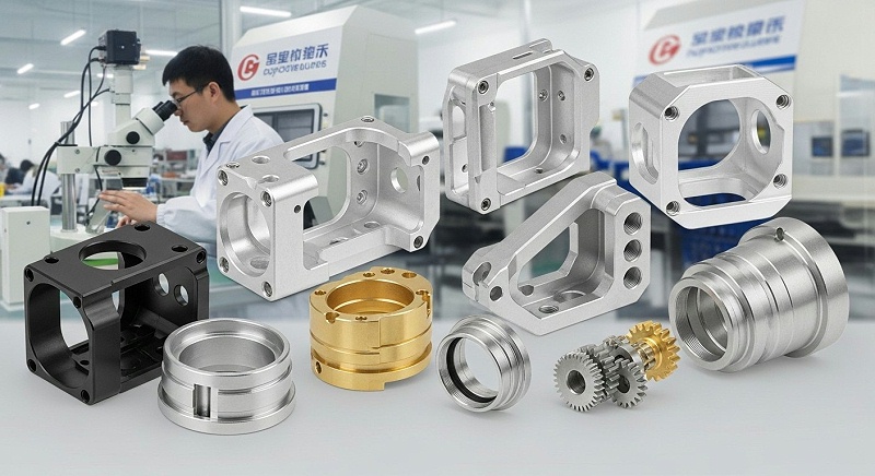 Collage of precision CNC machined metal components, including camera housing parts, electronic enclosures, complex brackets, optical instrument co Collage of precision CNC machined metal components, including camera housing parts, electronic enclosures, complex brackets, optical instrument co