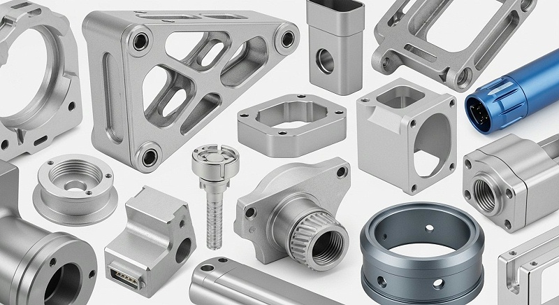 A visually appealing collage of diverse, perfectly finished CNC machined aluminum parts, possibly from different industries like aerospace, medica A visually appealing collage of diverse, perfectly finished CNC machined aluminum parts, possibly from different industries like aerospace, medica