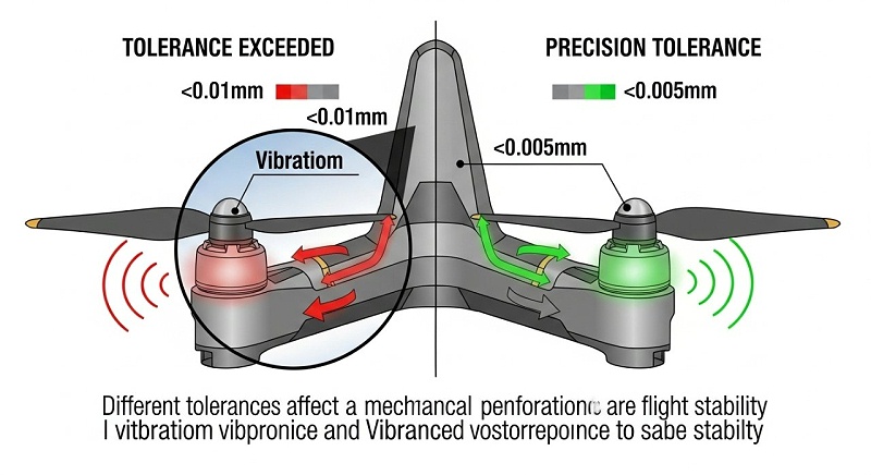 一张清晰的矢量图（infographic），展示无人机零件（例如螺旋桨基座或关节连接器）的局部放大示意图。图示通过颜色编码或箭头明确标注不同公差等级（如±0.01mm, ±0.005mm）对力学性能和振动响应的影响。左侧为“公差超限”，配有红色警示和模拟的振动波纹；右侧为“精密公差”，配有绿