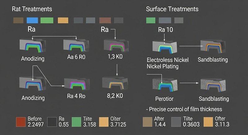，对比不同表面处理（如阳极氧化、化学镀镍、喷砂）对无人机零件表面粗糙度Ra值和尺寸公差的影响。图示包含小尺度的零件横截面示意图，用不同颜色或纹理表示处理层，并配有处理前后Ra值和公差变化的数值。强调“精密控制膜层厚度”的重要性。