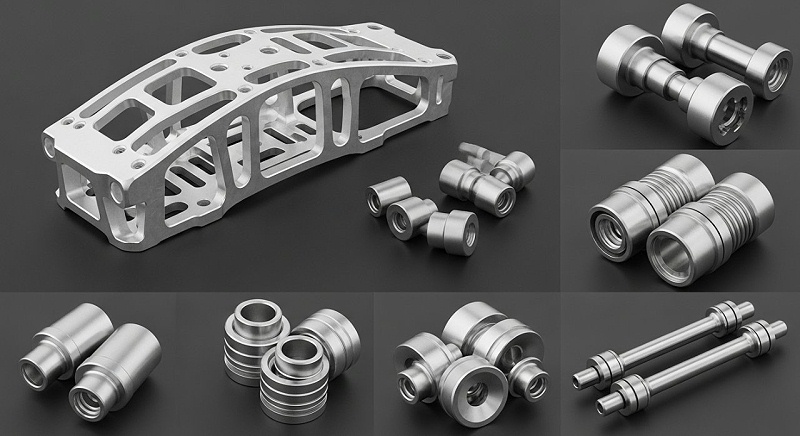 无人机高精度CNC加工零件的产品合集图片。画面中展示多种不同材料和功能的无人机金属零件，如航空级铝合金机身骨架、钛合金连接器、不锈钢传动轴等。每个零件都经过精细加工，表面光洁，细节清晰，强调其精密性和高品质。