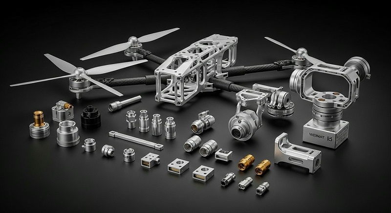 无人机零件产品系列展示图，可以是无人机螺旋桨、机身骨架、连接器、云台等多种CNC加工的精密部件的精美摆拍。画面强调金属的质感和加工的精细度，展示伟迈特加工的多样化产品能力。