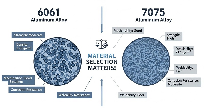 6061铝合金与7075铝合金)的微观结构对比,并配以文字说明其强度、密度和加工性能差异,强调选择合适材料的重要性。 6061铝合金与7075铝合金)的微观结构对比,并配以文字说明其强度、密度和加工性能差异,强调选择合适材料的重要性。