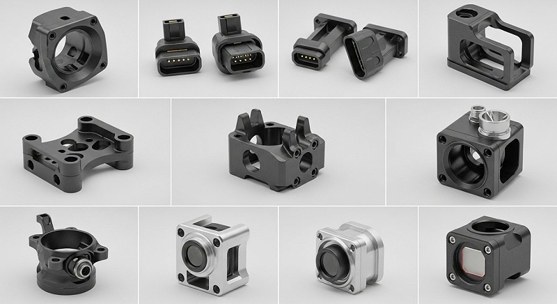 无人机精密零件的产品合集图片,展示各种复杂结构的CNC加工无人机部件,如电机座、连接件、传感器外壳等,强调高精度和多样性。 无人机精密零件的产品合集图片,展示各种复杂结构的CNC加工无人机部件,如电机座、连接件、传感器外壳等,强调高精度和多样性。
