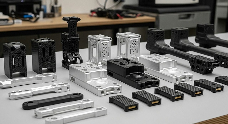 无人机零件产品合集图,展示不同类型和用途的CNC加工无人机零件,如无人机机臂、云台支架、电池仓盖等,突出我们全面的加工能力。 无人机零件产品合集图,展示不同类型和用途的CNC加工无人机零件,如无人机机臂、云台支架、电池仓盖等,突出我们全面的加工能力。