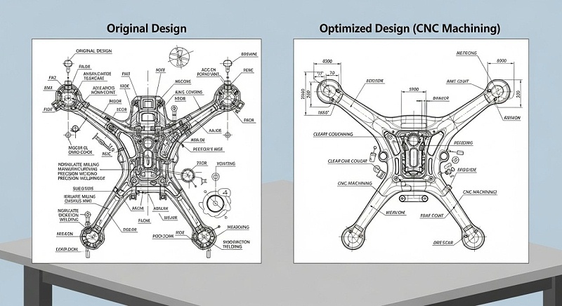 左侧是客户原始的无人机部件设计图纸(复杂且加工难度大),右侧是伟迈特cnc加工优化后的设计图纸(结构简化但功能不变),清晰展示设计优化的效果。 左侧是客户原始的无人机部件设计图纸(复杂且加工难度大),右侧是伟迈特cnc加工优化后的设计图纸(结构简化但功能不变),清晰展示设计优化的效果。