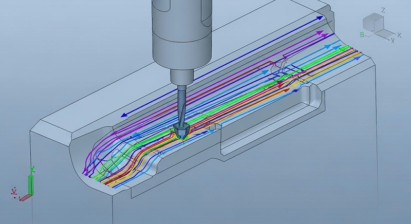 Detailed 3D CAD model with multi-colored CNC machining toolpaths (roughing, finishing, drilling) and a cutting tool, demonstrating CAM software tr Detailed 3D CAD model with multi-colored CNC machining toolpaths (roughing, finishing, drilling) and a cutting tool, demonstrating CAM software tr